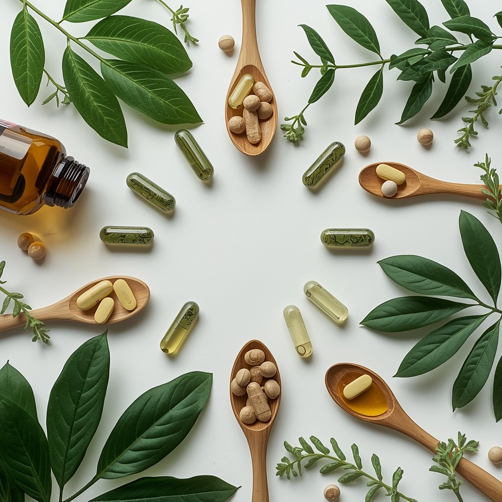 lucid origin clean top down flat lay hero image for an affiliate health website natural plant 0