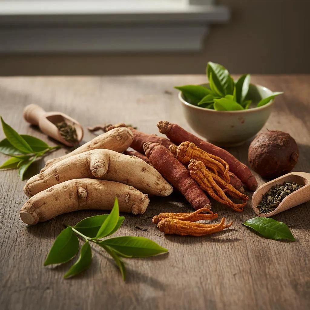 Ashwagandha roots, Rhodiola rosea, Cordyceps mushroom, Maca root, Green tea leaves